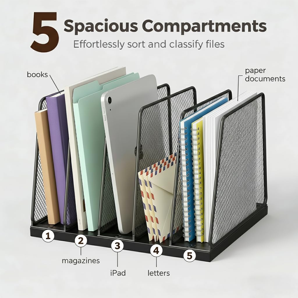 Becomrock 5-Section Vertical File Organizer for Desk, Sturdy Wood Base & Metal Mesh Desktop File