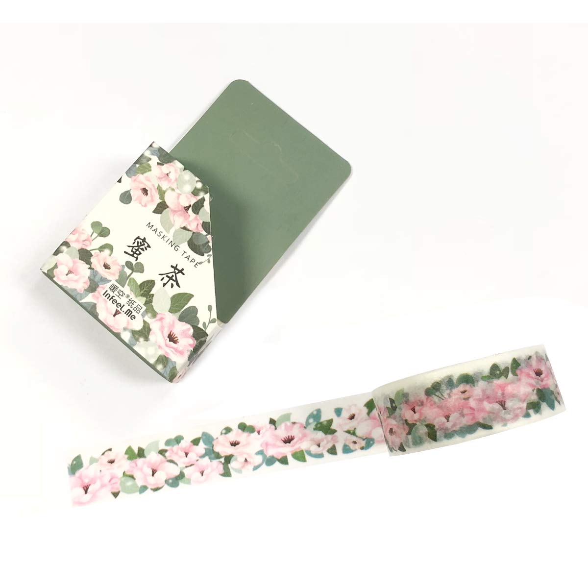 Wrapables Flowers and Greens Washi Masking Tape, 15mm x 7m Light Pink Flowers