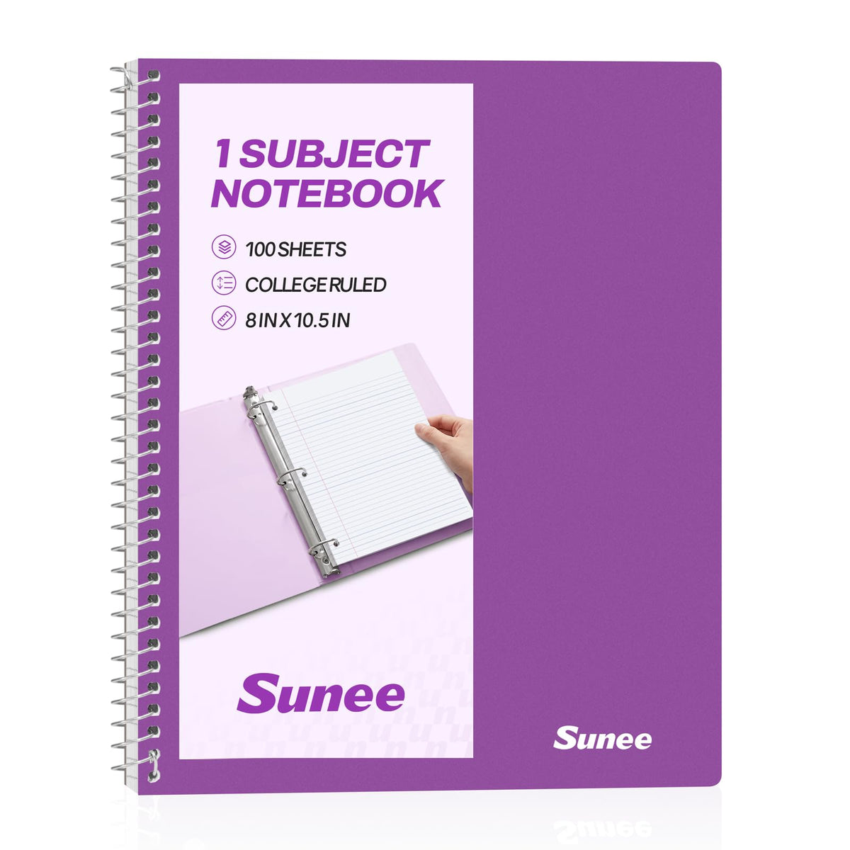SUNEE Spiral Notebook, 1-Subject, College Ruled Paper, 8" x 10-1/2", 100 Sheets per Notebook