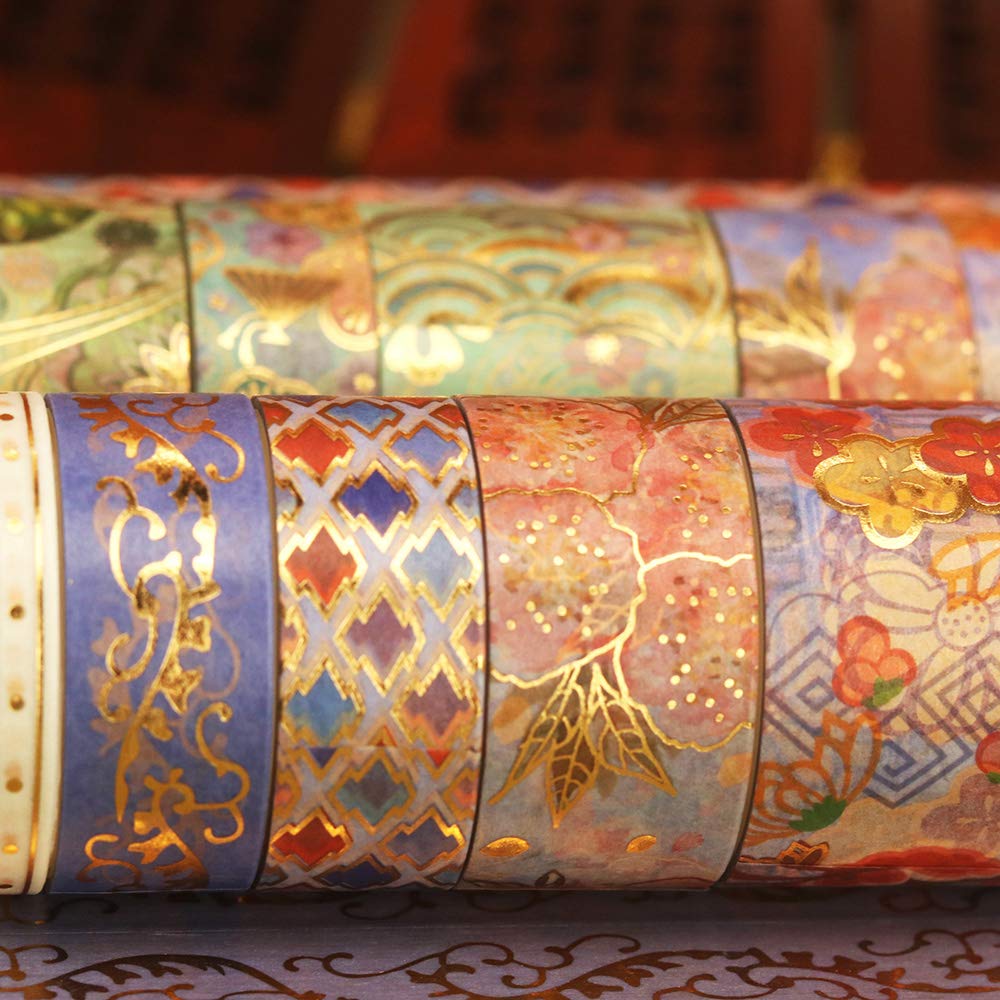YUBBAEX Splendid Gold Washi Tape Set Embroidery Pattern Foil Decorative Tapes for Arts, DIY Crafts
