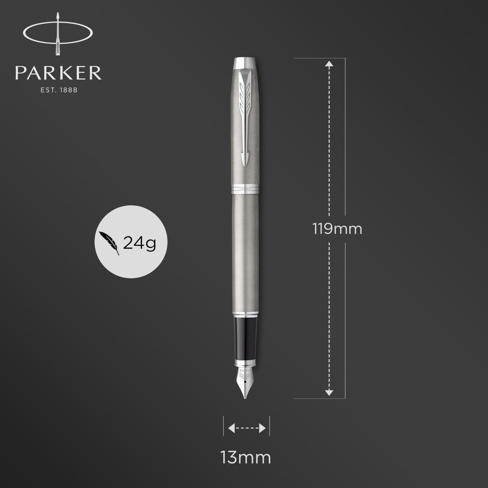PARKER IM Fountain Pen | Stainless Steel with Chrome Trim | Medium Point with Blue Ink Cartridge |