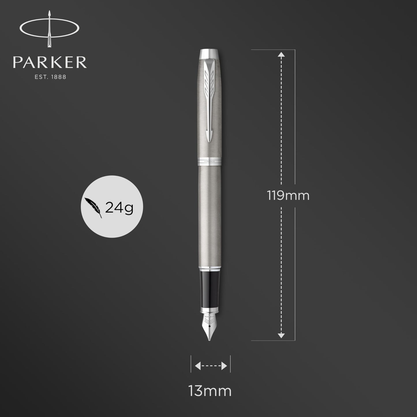 PARKER IM Fountain Pen | Stainless Steel with Chrome Trim | Fine Point with Blue Ink Cartridge |
