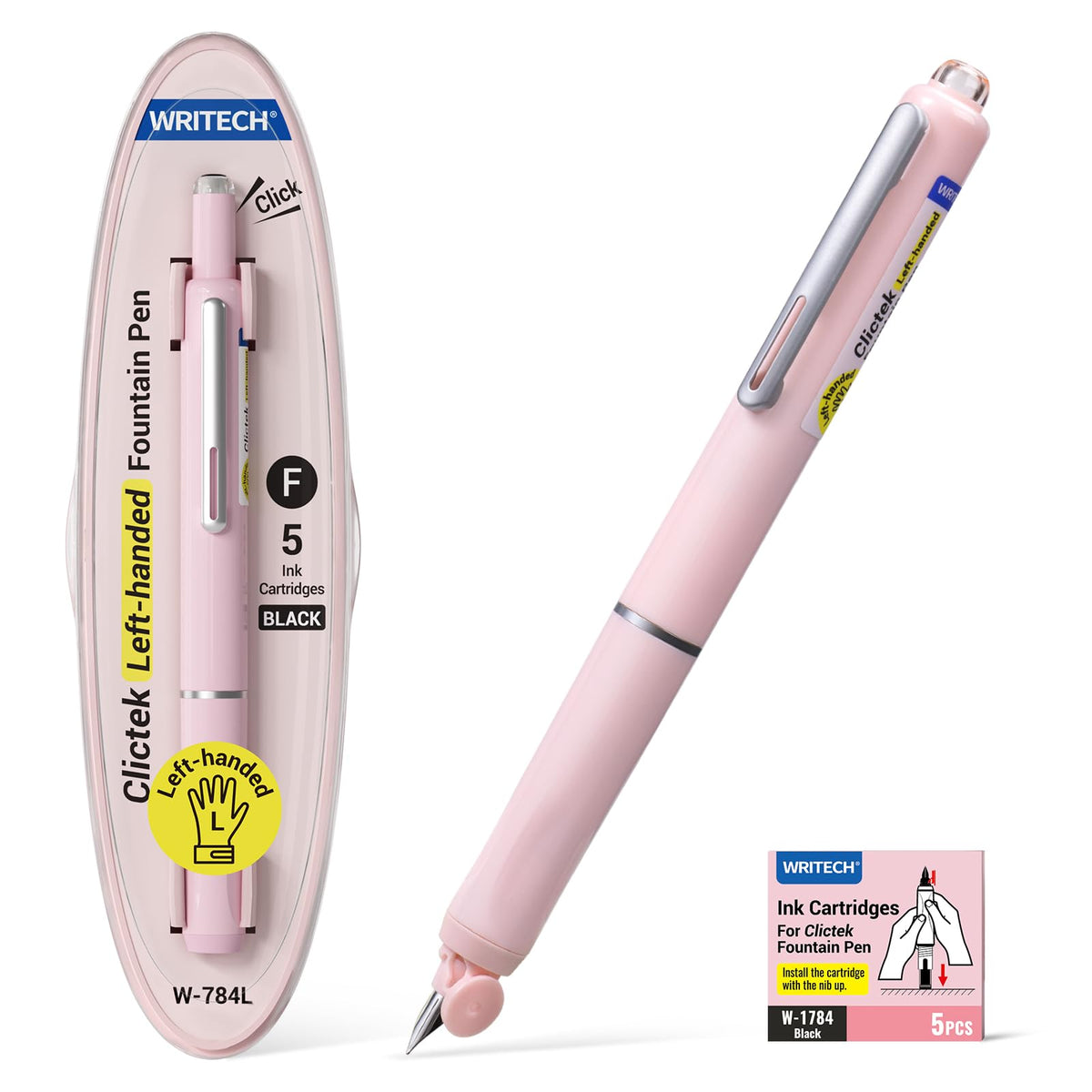WRITECH Left Handed Fountain Pen: Fine Nib Retractable Black Ink Clictek