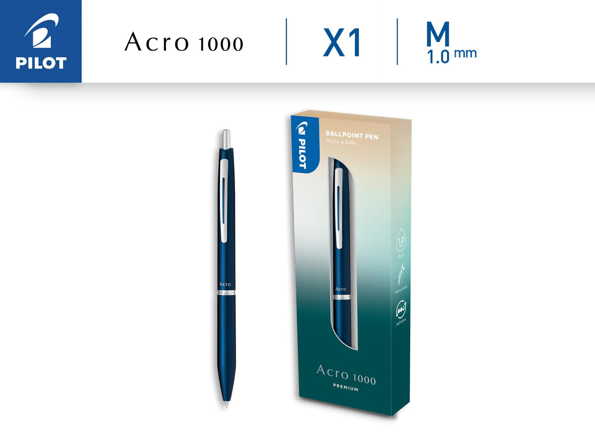 Pilot - Premium Acro 1000 Navy Blue ballpoint pen in gift box - Ultra soft ink for unparalleled