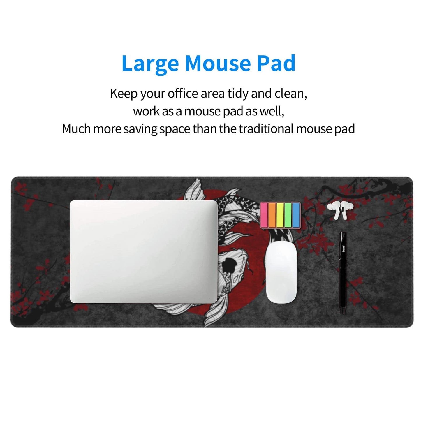Japanese Koi Fish Ying Yang Black Red XXL XL Large Gaming Mouse Pad for Desk, Non-Slip Long