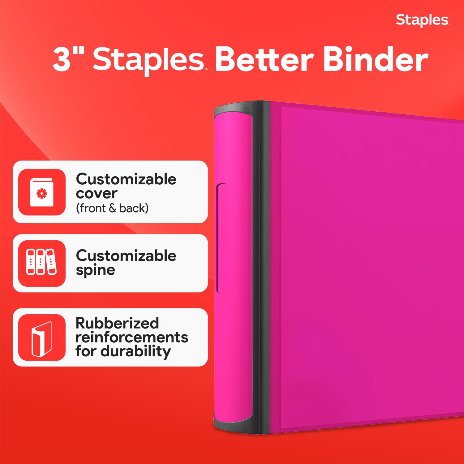 Staples Heavy-Duty 3-Inch D-Ring Binder, Pink, Holds 600 Sheets