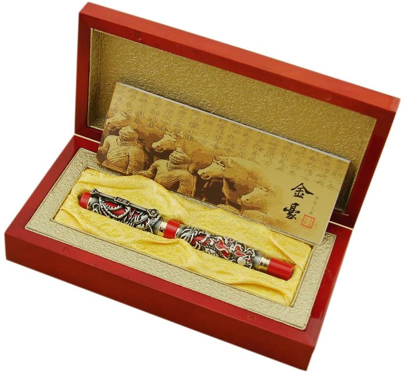 Jinhao Dragon Phoenix 3d Embossment Gray Red Fountain Pen Extra Fine Nib Chinese Ruyi Clip Wooden