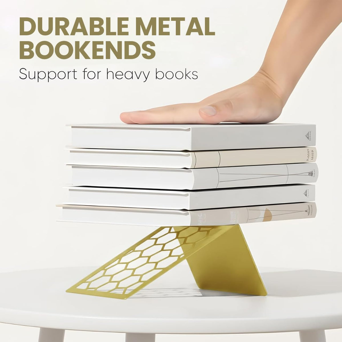 Gold Geometric Honeycomb Metal Bookends - Book Ends for Shelves - Decorative Modern Heavy Duty