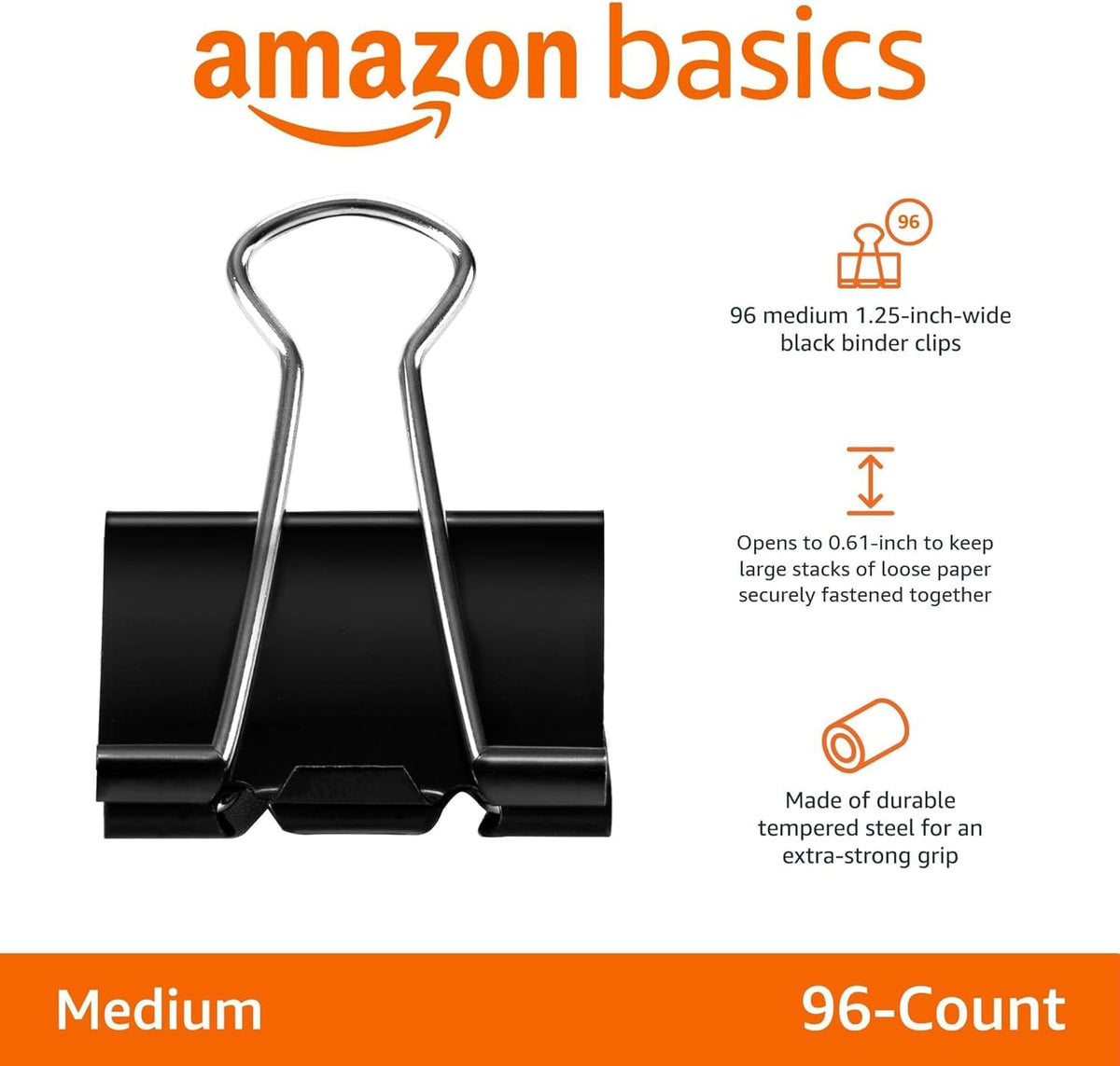 Amazon Basics Sturdy Binder Clips, Office Supplies, Medium 1.25 in, Document Organizing, Black, 96
