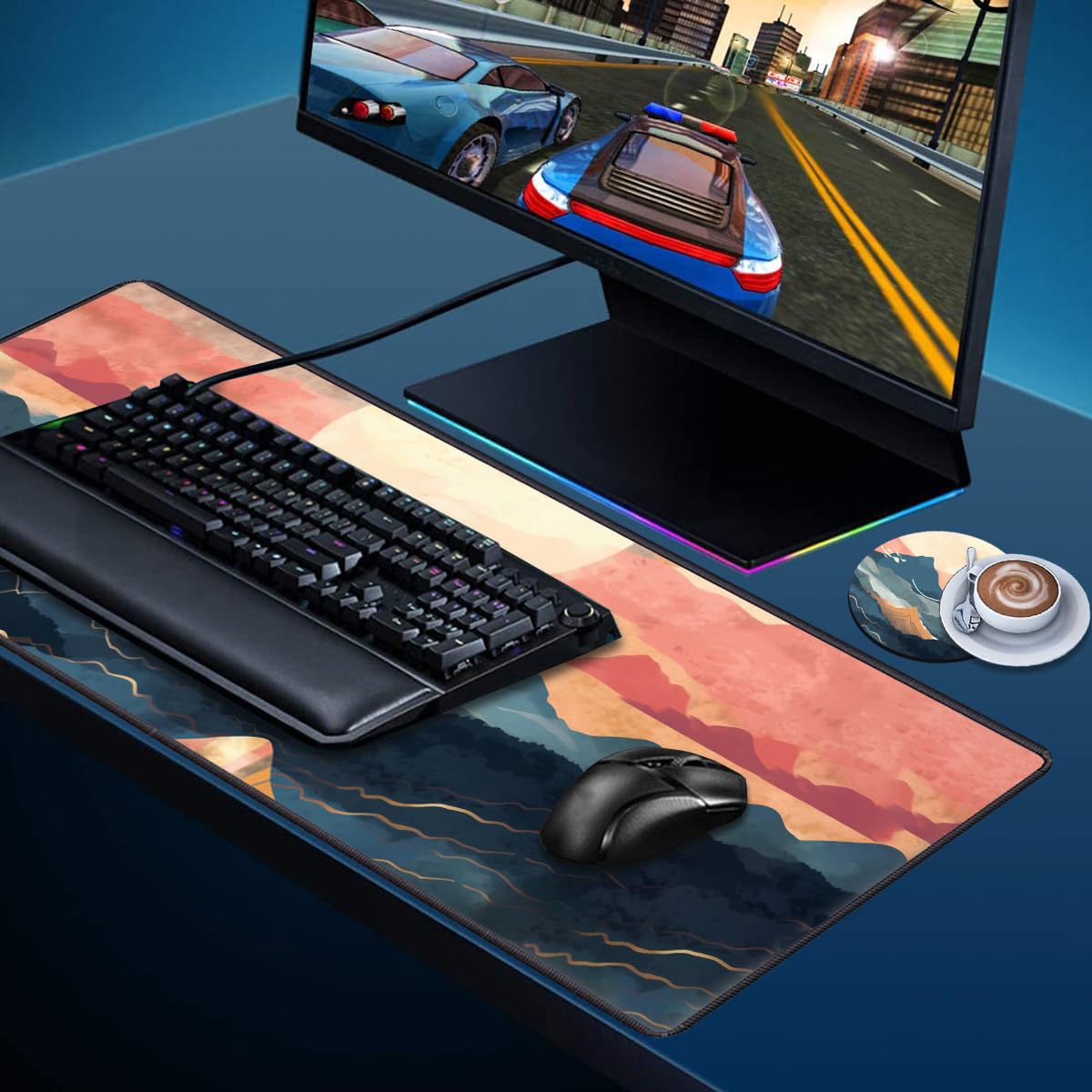 Desk Pad Mat Gaming Mouse Pads with Coasters, 31.5"x 11.8" XXL Large Big Computer Keyboard Mouse