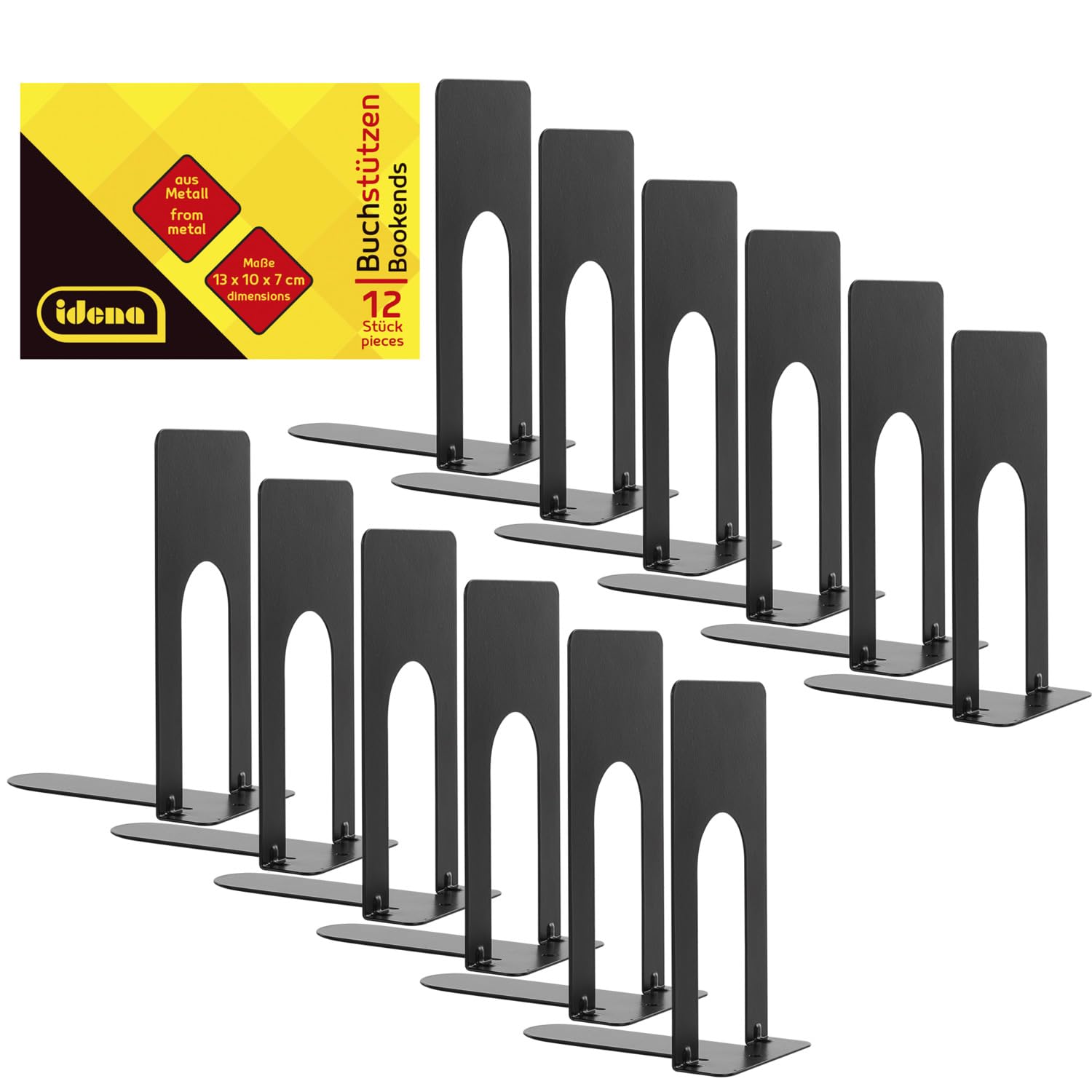 Idena 11110 Metal Bookends in Black, 12 Book Stands in Size 13 x 10 x 7 cm, Book Holder for