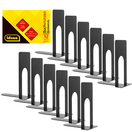 Idena 11110 Metal Bookends in Black, 12 Book Stands in Size 13 x 10 x 7 cm, Book Holder for