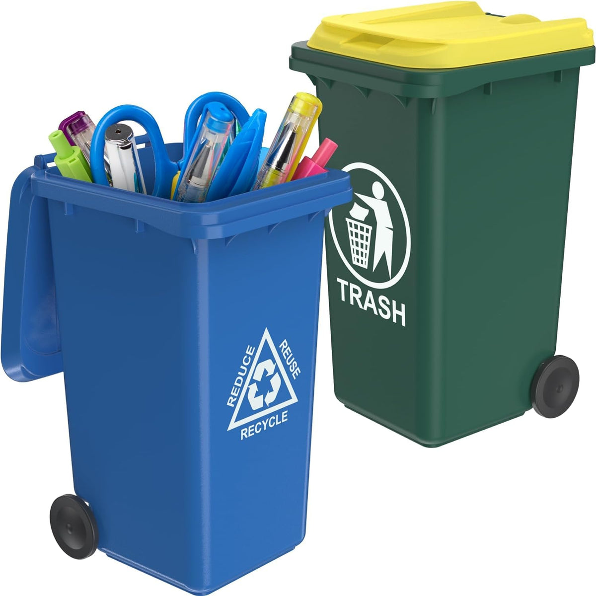 Wiosi Mini Garbage Trash Pen Holder for Desk | Tiny Recycle Bin Pencil Holder Green & Blue, Pack of