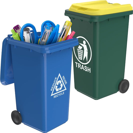 Wiosi Mini Garbage Trash Pen Holder for Desk | Tiny Recycle Bin Pencil Holder Green & Blue, Pack of