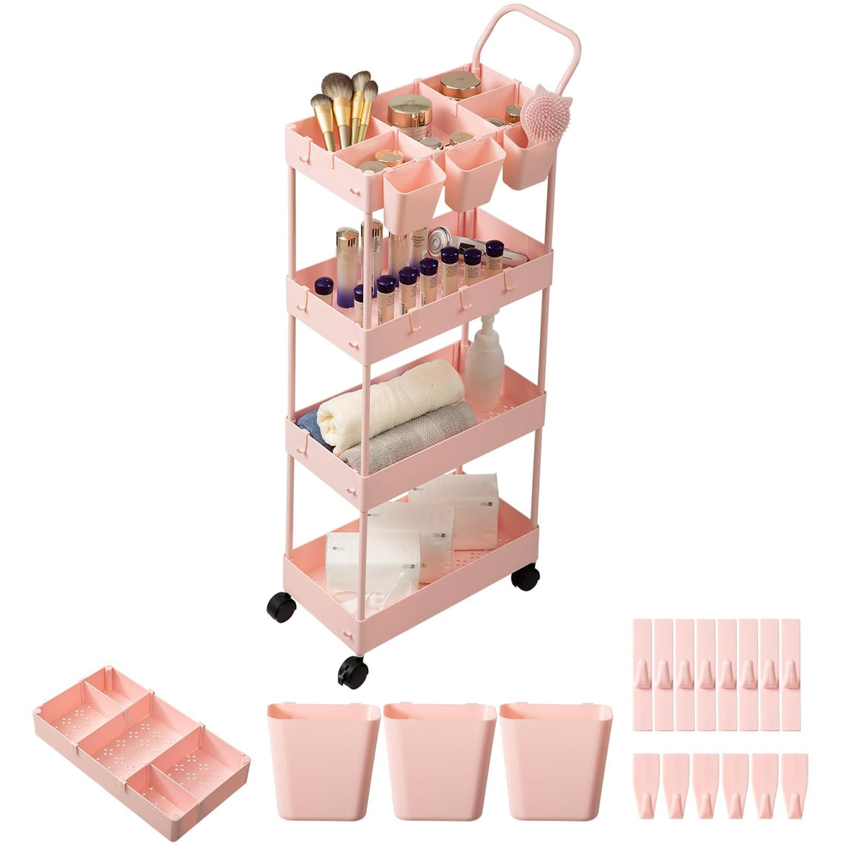 Danpinera 4-Tier Pink Slim Storage Cart, Narrow Laundry Cart with Wheels, Dividers, Hanging Cups