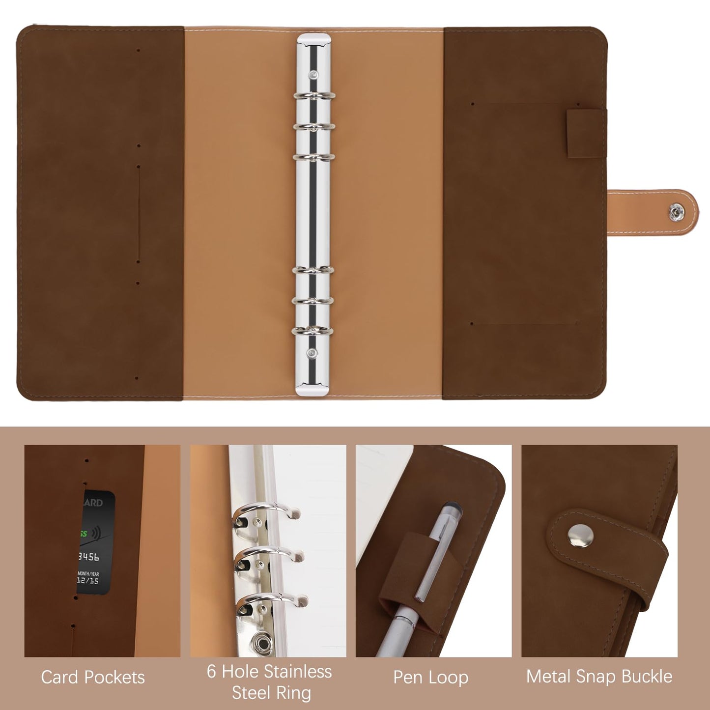 FYY A5 Binder 6 Ring - Refillable Planner Notebook 5x8, Dark Brown