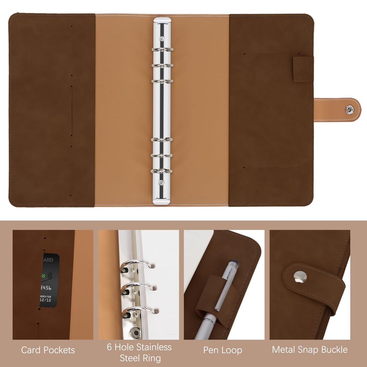 FYY A5 Binder 6 Ring - Refillable Planner Notebook 5x8, Dark Brown