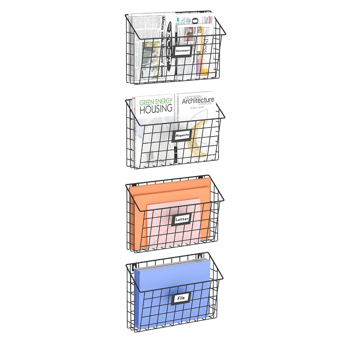 X-cosrack 4-Tier Hanging Wall File Holder Vertical Wall Mount Metal Wall File Organizer with Tag