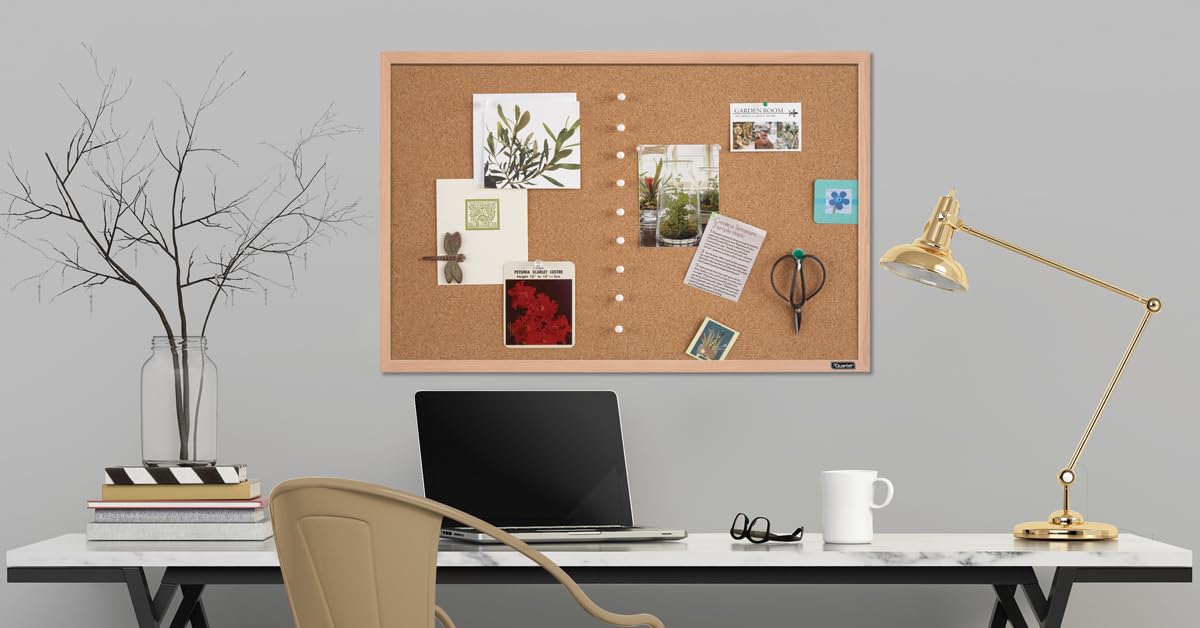 Quartet Cork Board Bulletin Board, 23" x 35" Framed Corkboard, Oak Frame, Decorative Hanging Pin