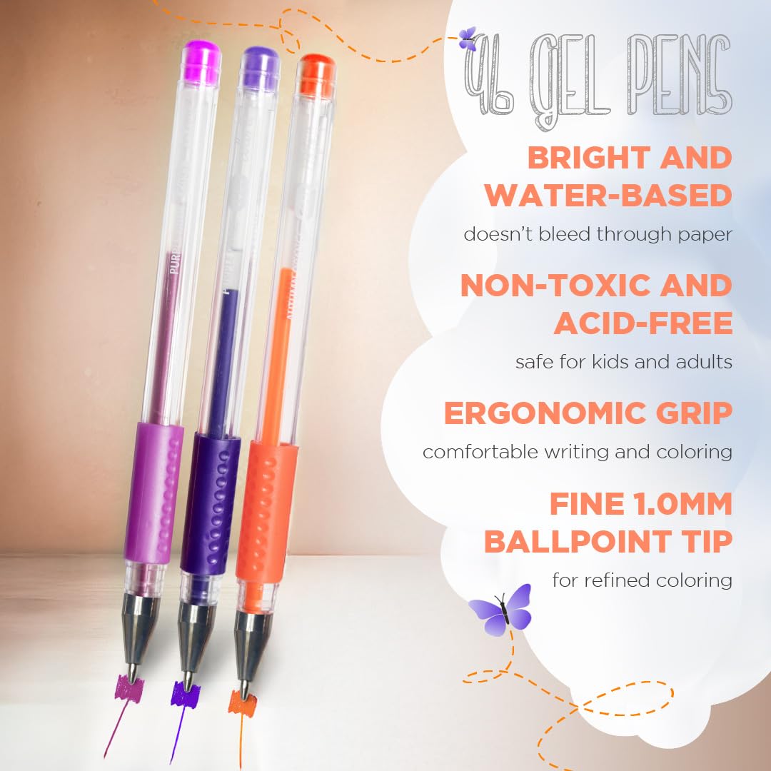 ColorIt Gel Pens Set for Coloring – 192 Pack with 12 Metallic, 12 Neon, 72 Glitter Gel Pens - 96