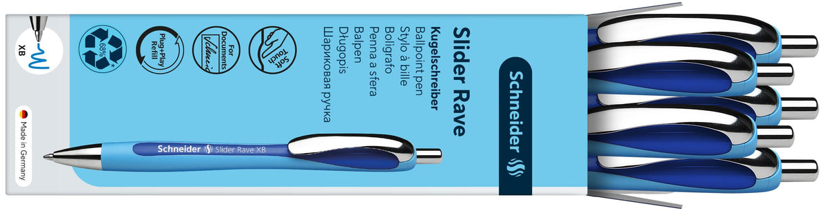 Schneider Slider Rave XB (Extra Broad) Ballpoint Pens, Refillable + Retractable, 1.4 mm, Light Blue