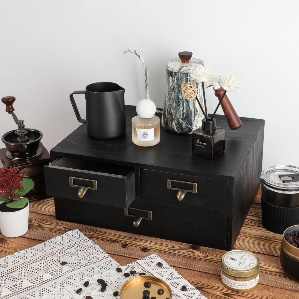 Wooden Drawers Apothecary Cabinet Black Wood Desktop Organizer Box