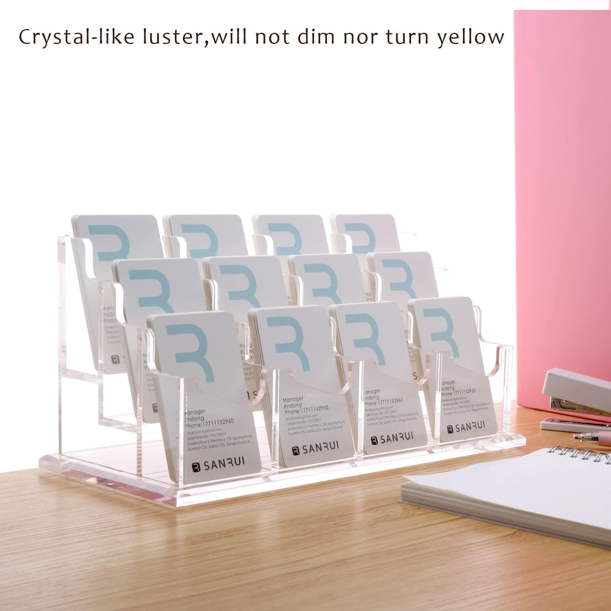 SANRUI Vertical Acrylic Business Card Holder for Desk, 3 Tier 12 Slot