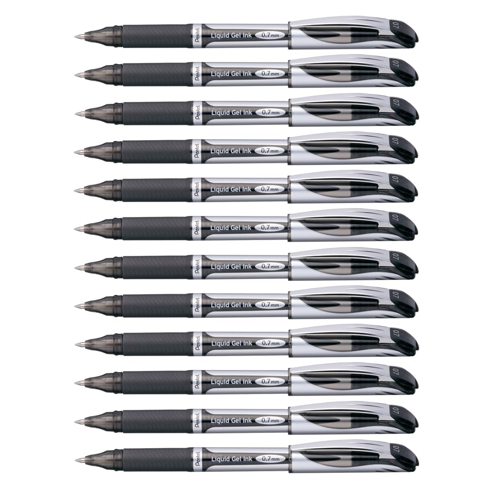 Pentel EnerGel Deluxe Liquid Gel Pen, Medium Line, Metal Tip, Black Ink, Box of 12 (BL57-A)