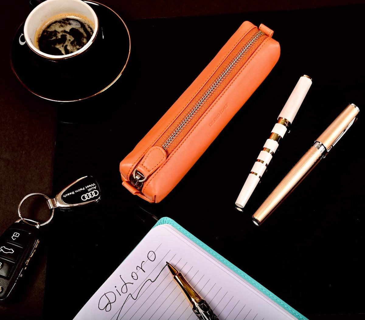 DiLoro Leather Zippered Fountain Ballpoint Rollerball Pens and Pencils Case Holder Pouch Genuine