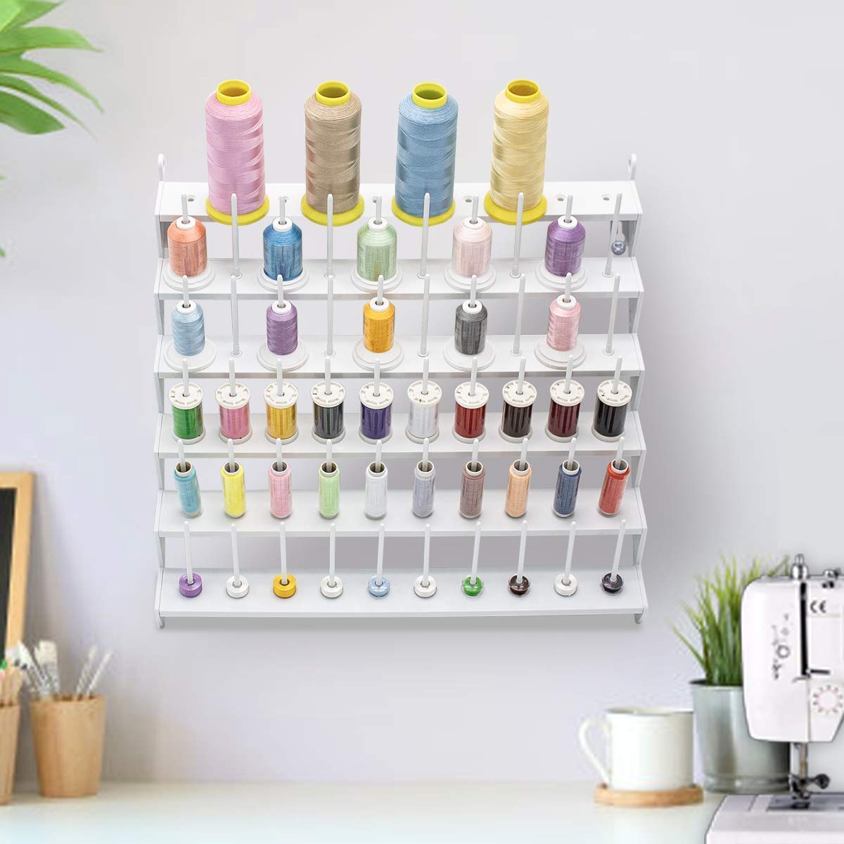 Sew Tech Thread Rack for 60 Spools or 30 Cones, Wall Mounted Large Thread Holder with Long Pegs