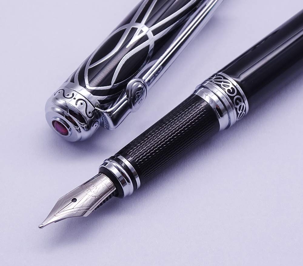 Lanxivi Duke Sweet Heart Pattern Black Fountain Pen Ruby Silver Trim
