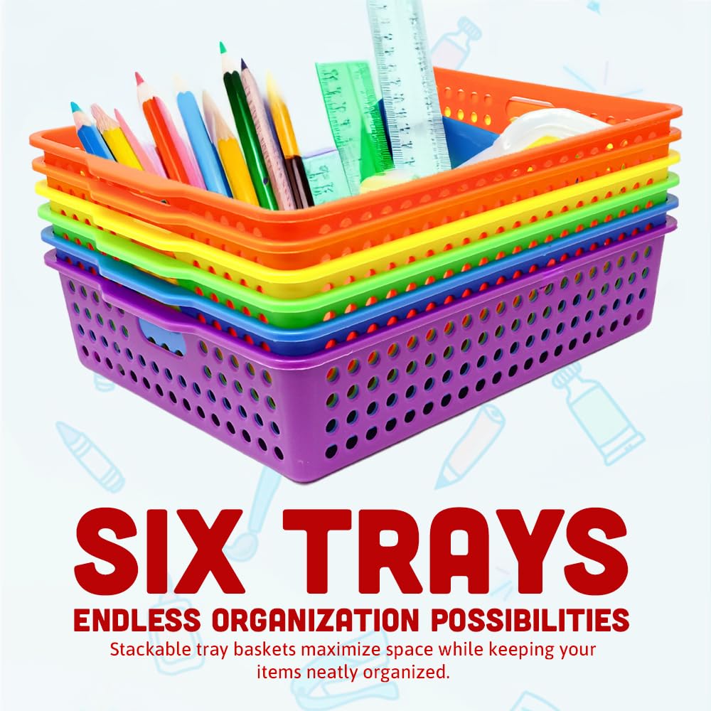 4E's Novelty 6 Pcs Colorful Plastic Classroom Storage Bins 13.75" X 10.25" for Organizing A4 Papers