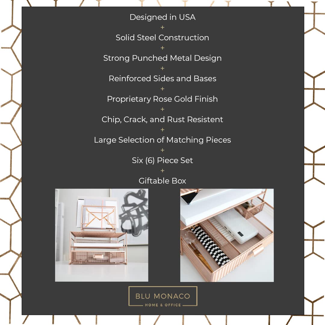 BLU MONACO Rose Gold Desk Organizer with Drawer | Metal Mesh Desktop Rack with File Sorters & Paper