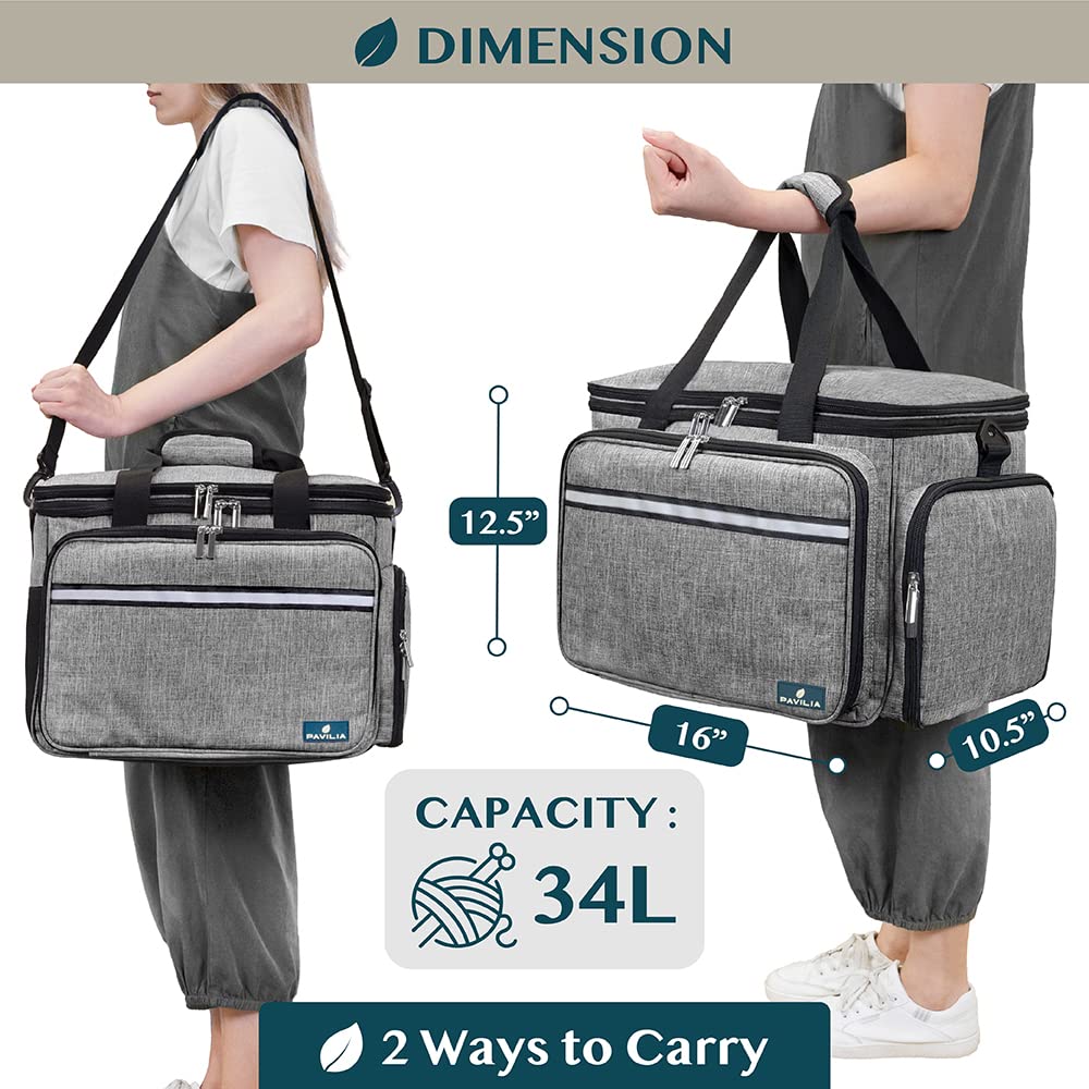 PAVILIA Large Knitting Yarn Storage Bag Crochet Organizer for Knitter, Grey
