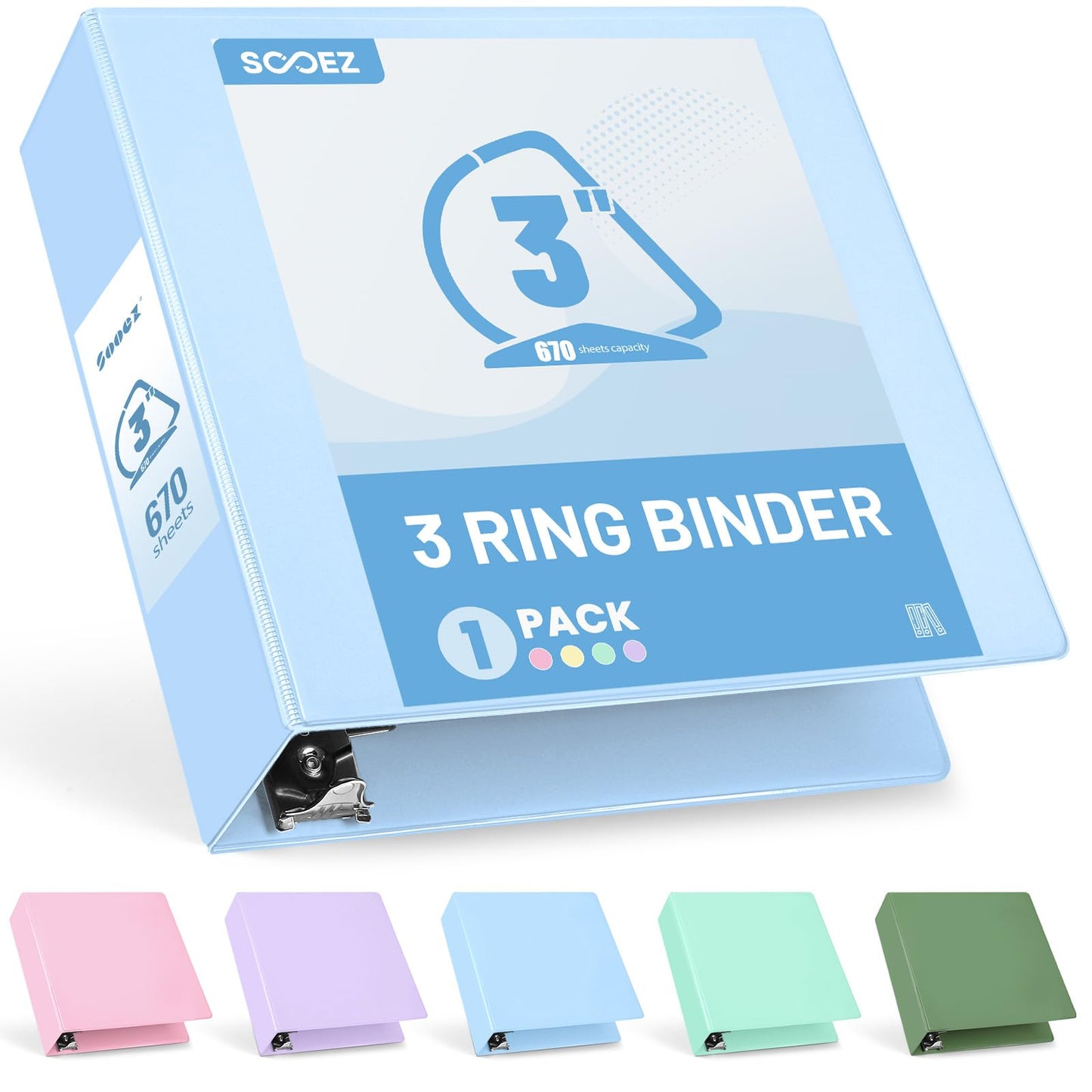 Sooez 3 Ring Binder 3 Inch, Large Binder with Pockets, Light Blue, 8.5"x11"