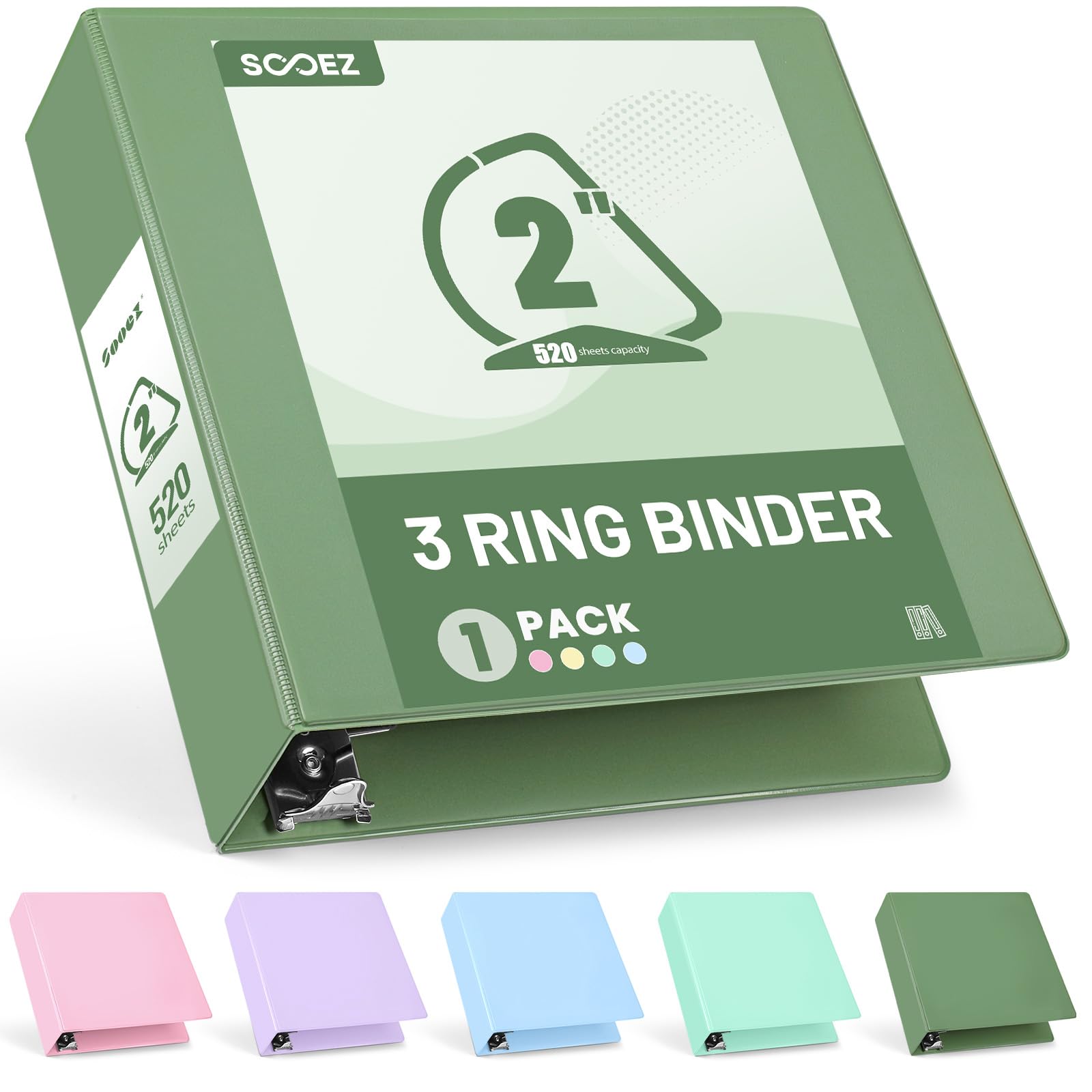 Sooez 3 Ring Binder 2 Inch, D-Ring Binder with Pocket, Olive Green, 8.5x11