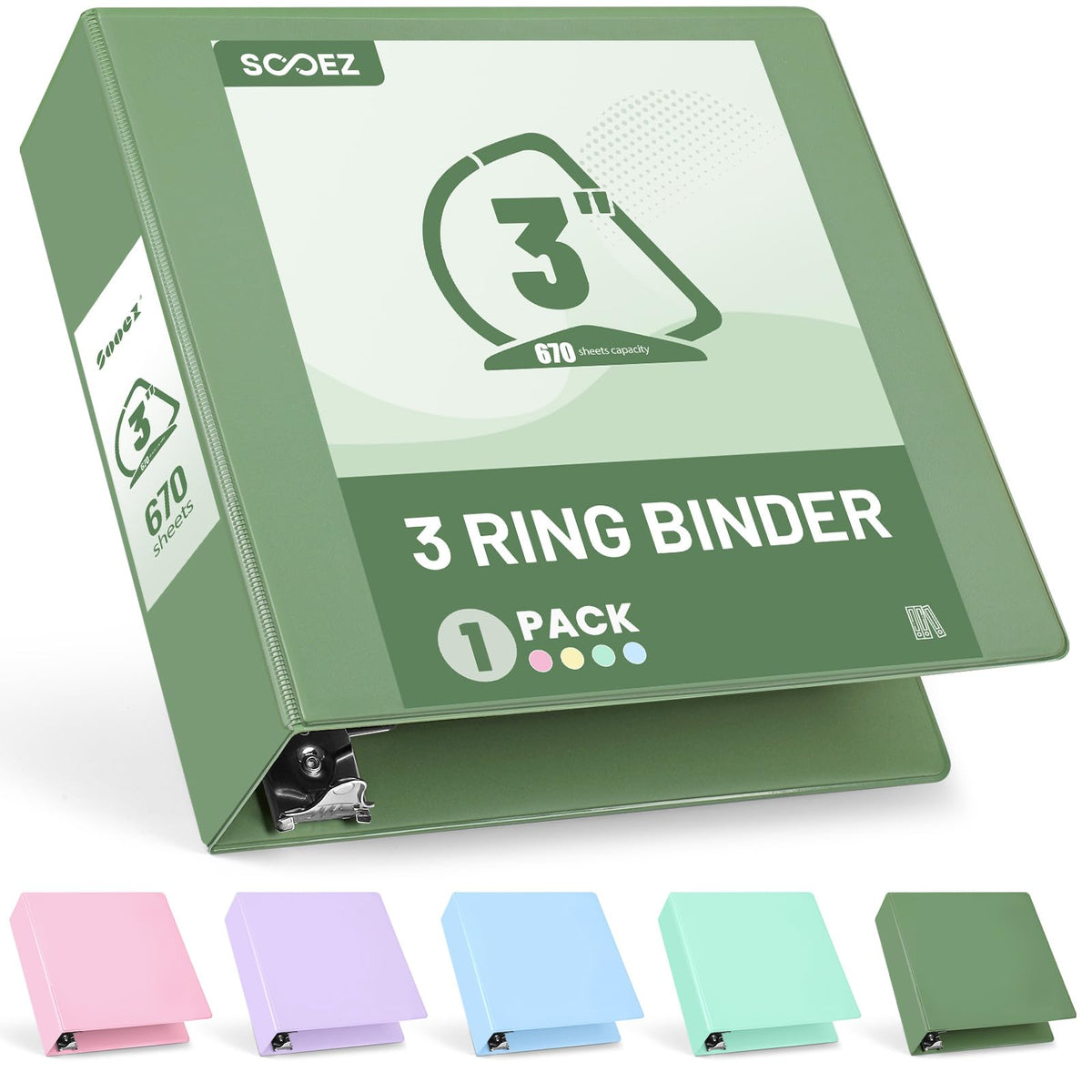 Sooez 3 Ring Binder 3 Inch, Large Binder with Pocket, Olive Green, 8.5"x11"