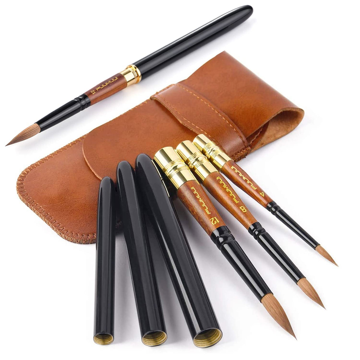 Travel Watercolor Brushes, Fuumuui 3Pcs Plein Air Elegant Sable Water Color Brushes with Pocket