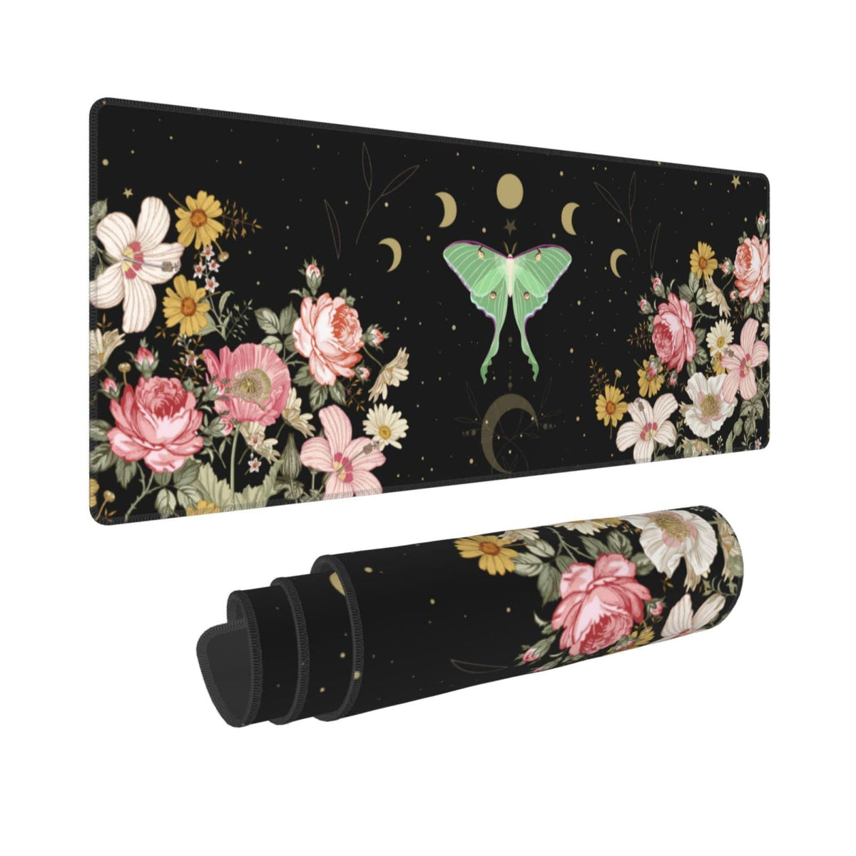 Moon Phase Moth Garden Black XXL XL Large Gaming Mouse Pad for Desk, Non-Slip Long Extended