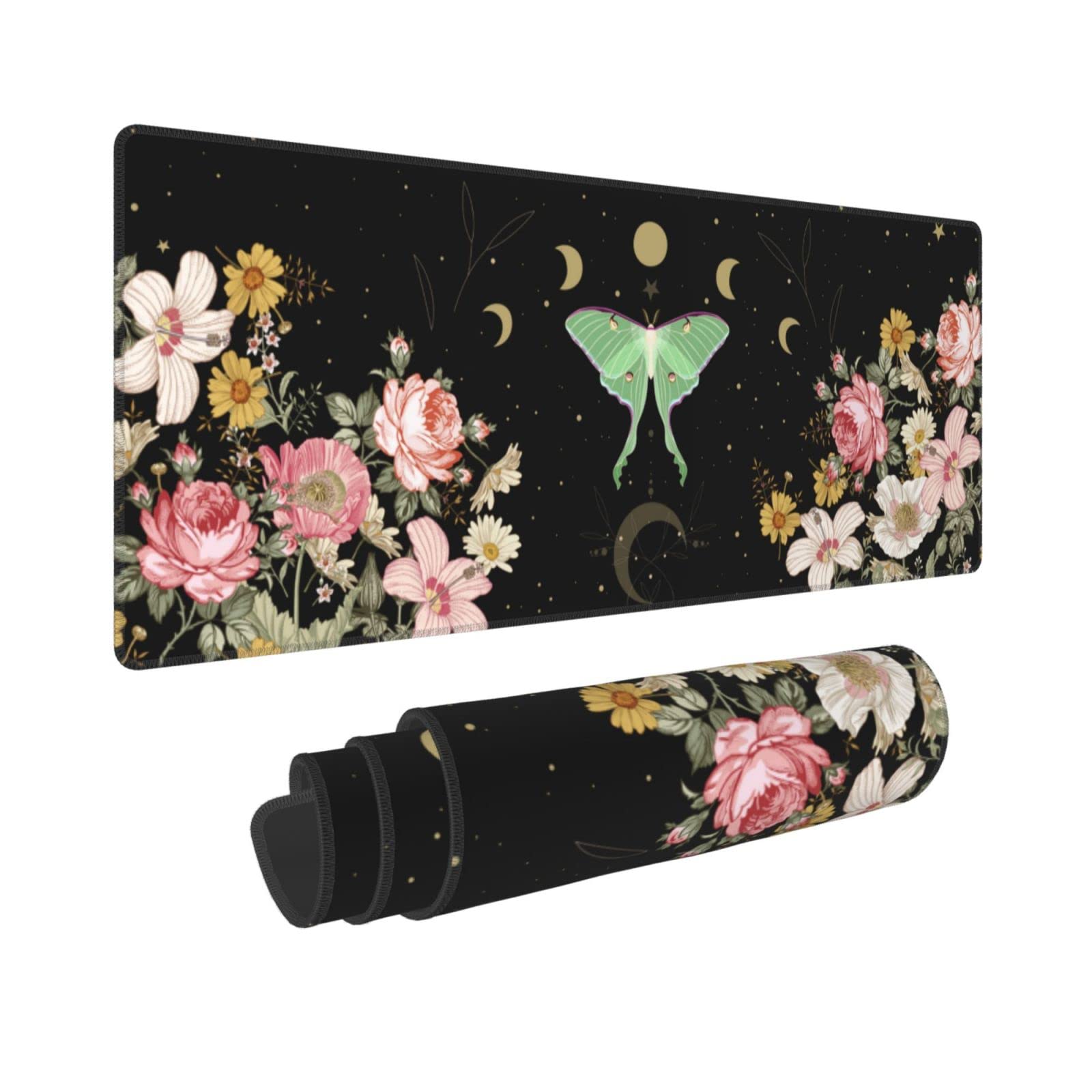 Moon Phase Moth Garden Black XXL XL Large Gaming Mouse Pad for Desk, Non-Slip Long Extended