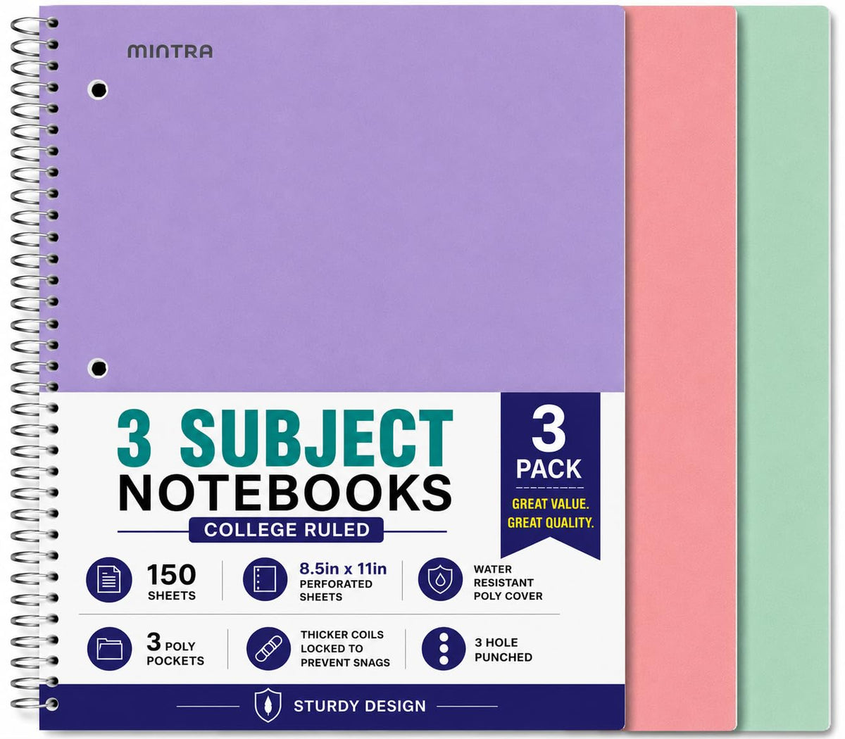 Mintra Office Durable Spiral Notebooks, 3 Subject (Lavender, Sage Green, Salmon, College Ruled 3pk)