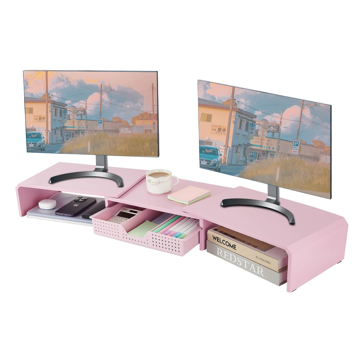 LEKETREE Dual Monitor Stand Riser with Drawer, Desk Organizer and Accessories, Pink Monitor Stand