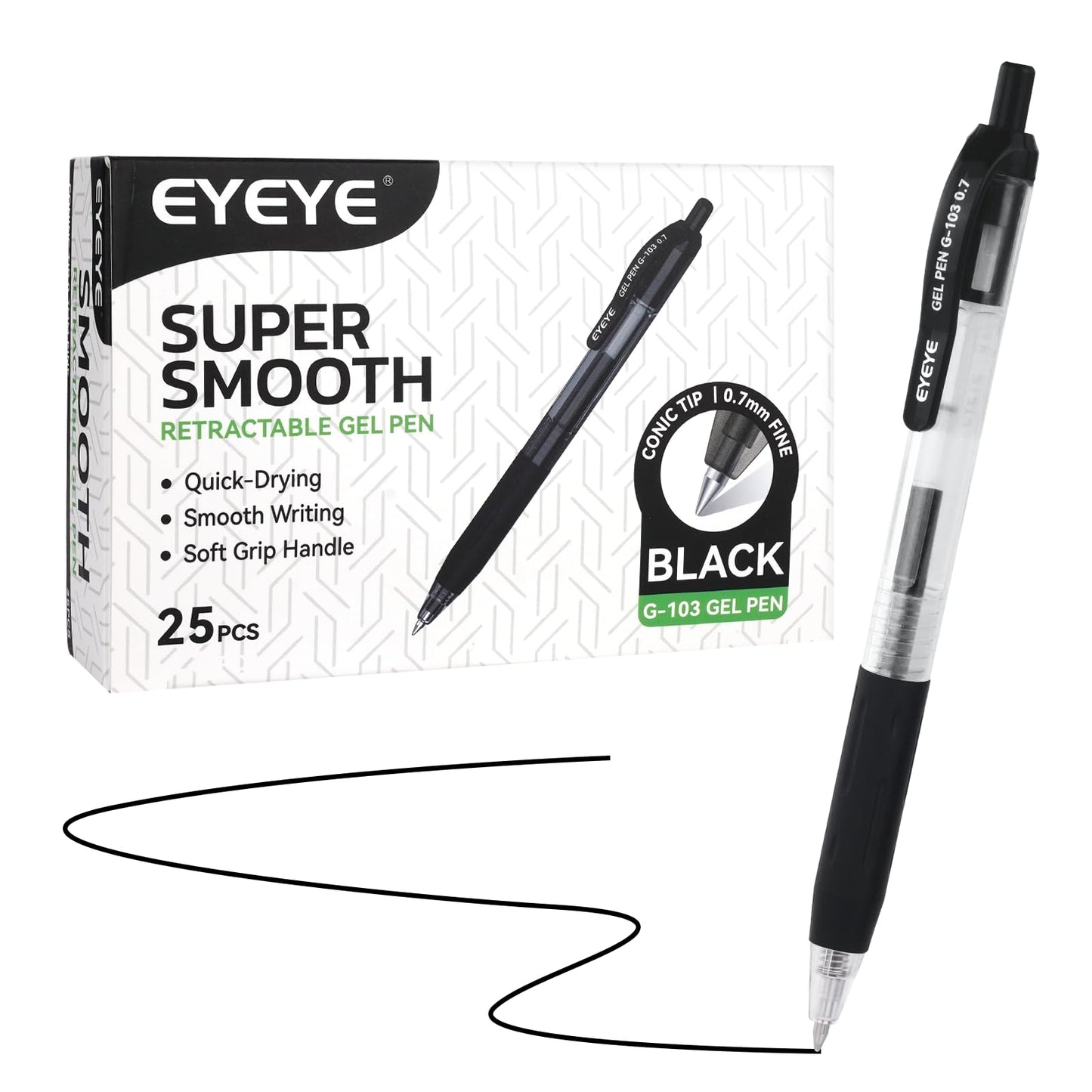 EYEYE G-103 Retractable Gel Pens Black 0.7mm, 25 Pack Medium Point Gel Ink Pens Quick Drying, 0.7