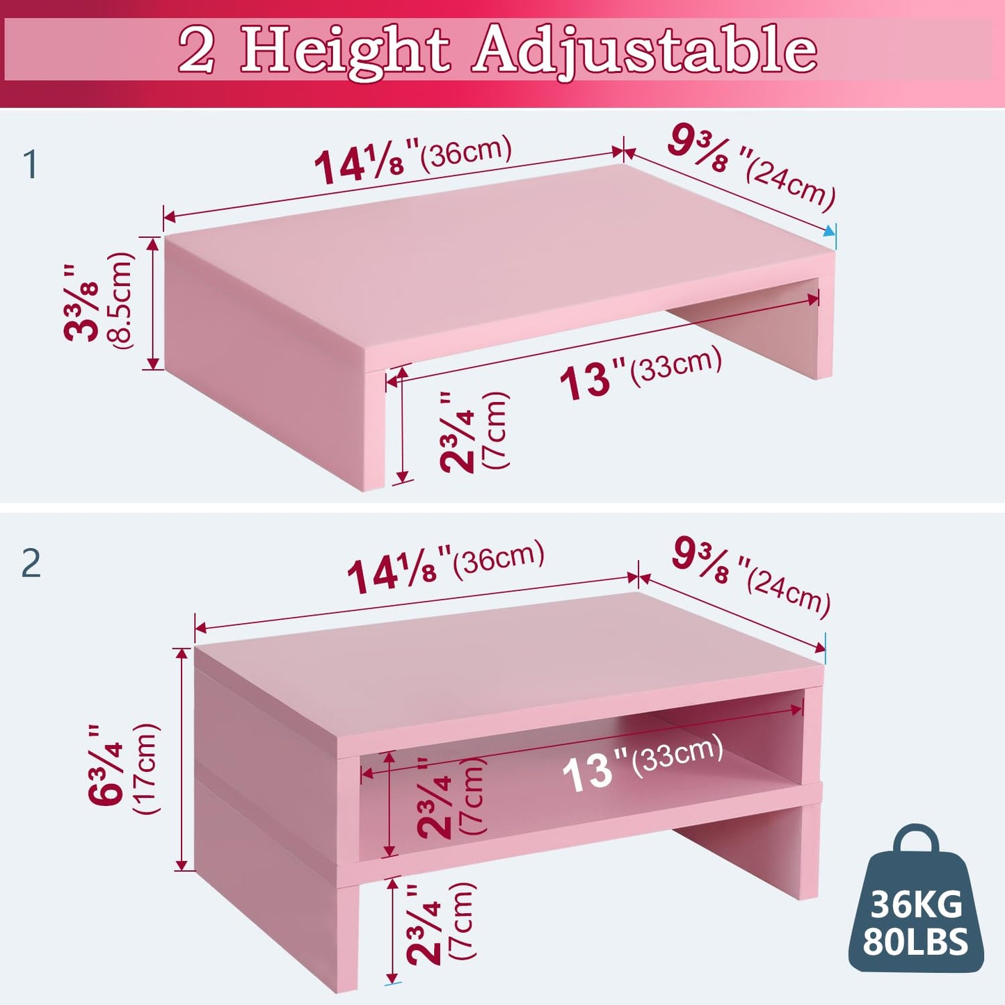 TEAMIX Pink Monitor Stand Riser - 2 PackS, Wood