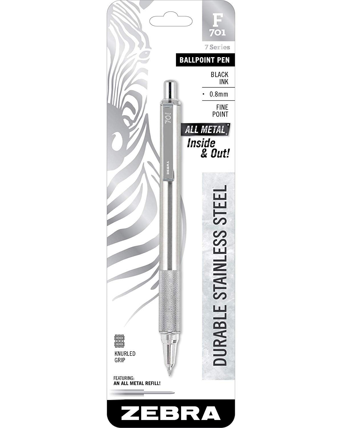 Zebra 29411 F-701 Ballpoint Stainless Steel Retractable Pen, Fine Point, 0.8mm, Black Ink (4)