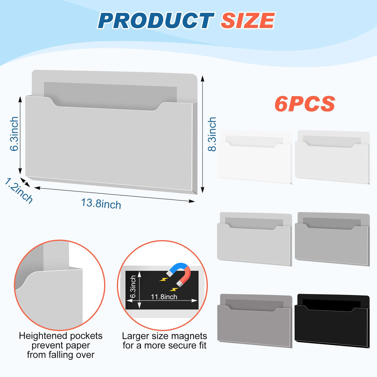 Fuutreo Magnetic Wall File Holder,6pcs,Achromatic Colors,Horizontal-large