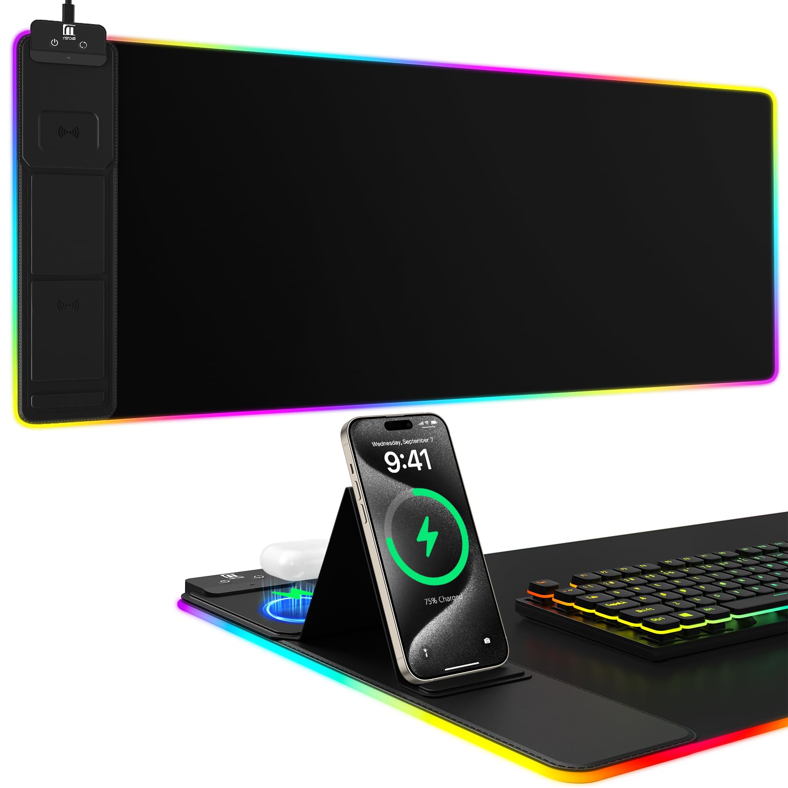 Wireless Charging RGB Mouse Pad with Phone Stand, Large Gaming Desk Mat
