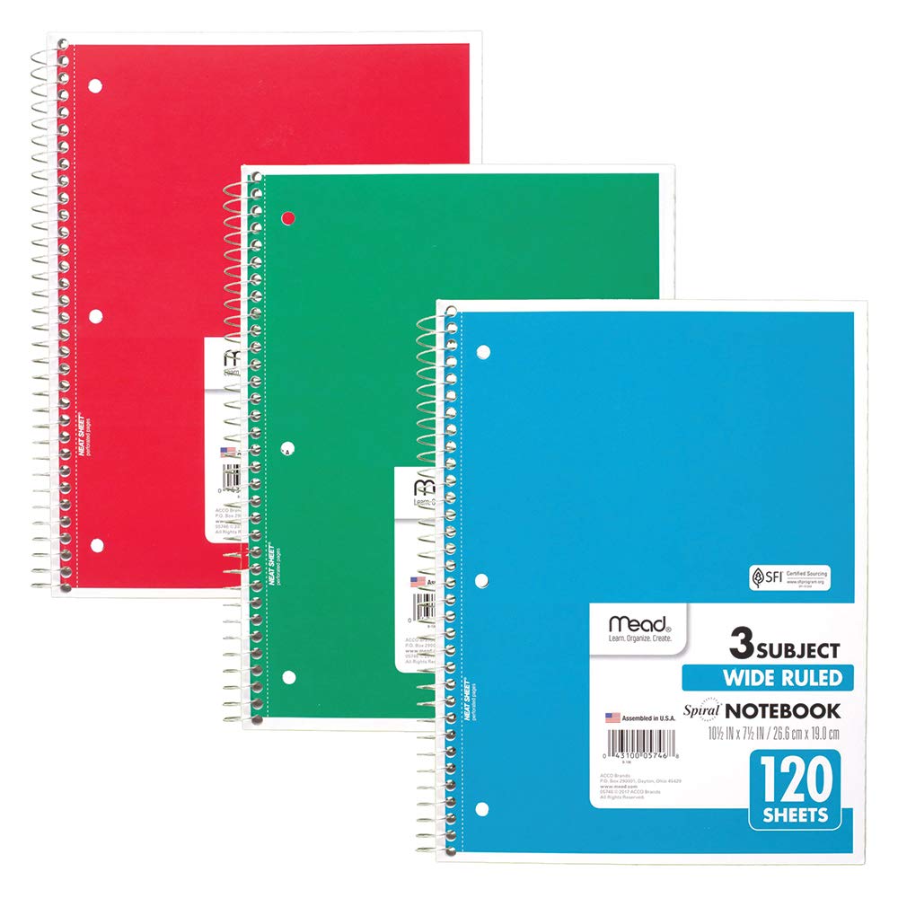 Mead Spiral Notebooks, 3 Subject, Wide Ruled Paper, 120 Sheets, 10-1/2" x 7-1/2", Red, Green, Blue