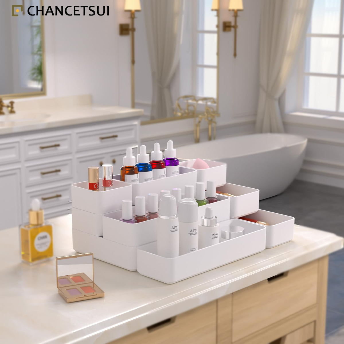 White Desk Drawer Organizer Trays: 9PC Shallow Vanity Bathroom Organizers