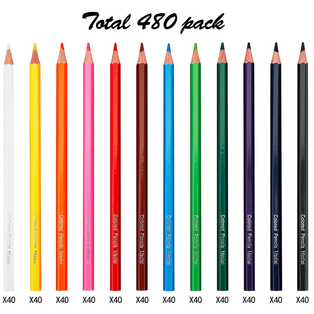 Madisi Colored Pencils Bulk, 480 Pack, 12 Assorted Colors, Pre-Sharpened